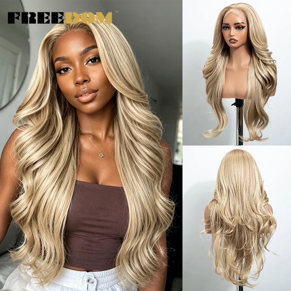 FREEDOM Synthetische Lace-Front-Perücken für schwarze Frauen, 28 Zoll, 13x4, vorgezupft, geschichtet, Ombre Braun Blond Highlight, Perücken für den täglichen Gebrauch – Detail 9