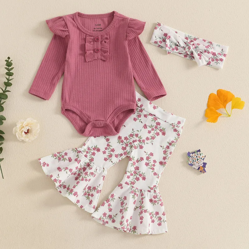 

0 to 24 Months Baby Girls Pants Sets Spring Autumn Clothes Long Sleeve O Neck Ribbed Romper Floral Flared Pants Headband