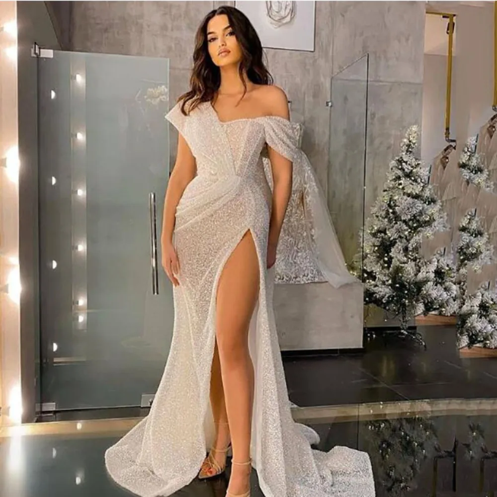 Luxe Mermaid Cocktailjurk Met Lovertjes Lange Split Schoudermouwen Formele Jurk Feestjurk Gaas Trailing Robe De Soiree 2023