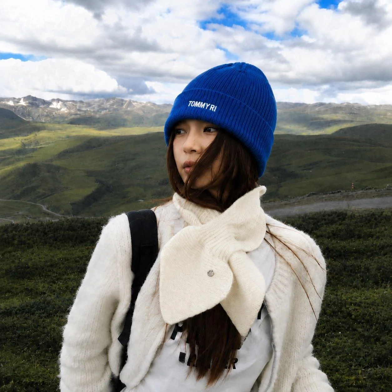 Blue Knitted Woolen Hat Women's Autumn Winter Thickened Face Slimming Large Head Circumference Foldable No Brim Soft Comfortable