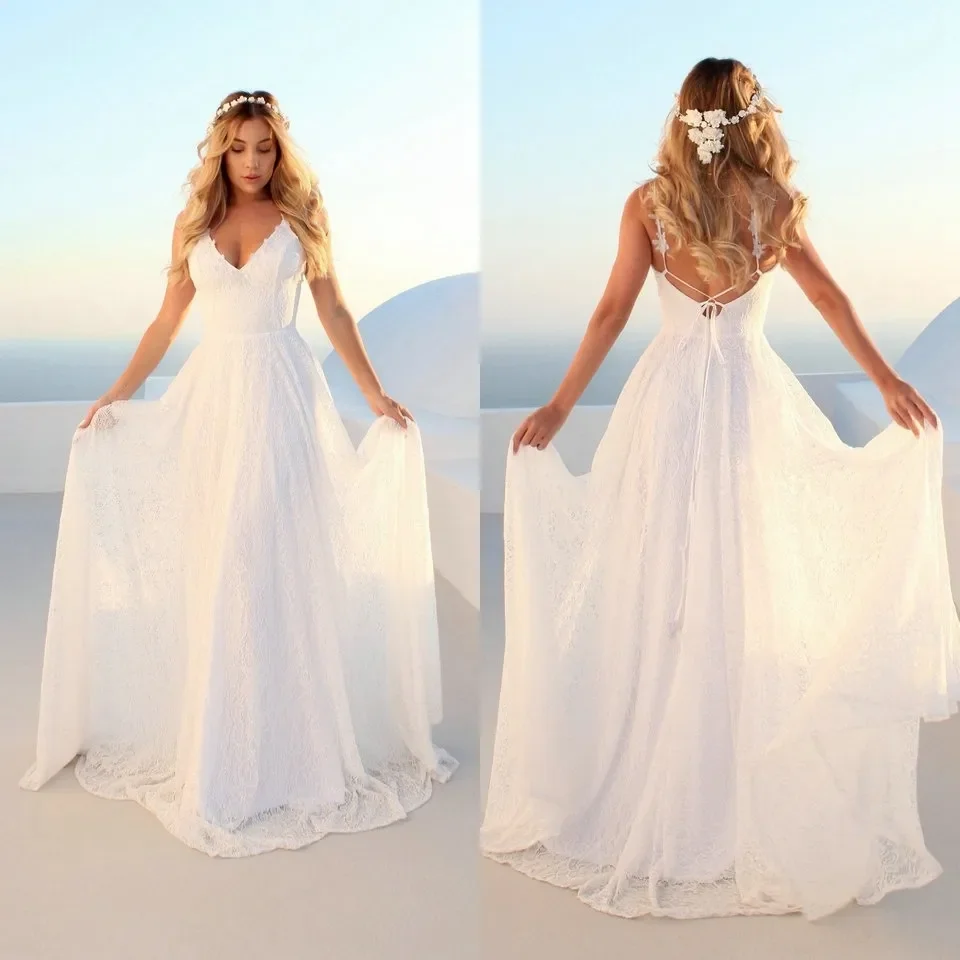 Elegant Boho Women Straps Long Wedding Dresses 2025 Wedding Gown V Neck Lace Bohemian Slim Fit Party Sexy Bride Dress Cheap