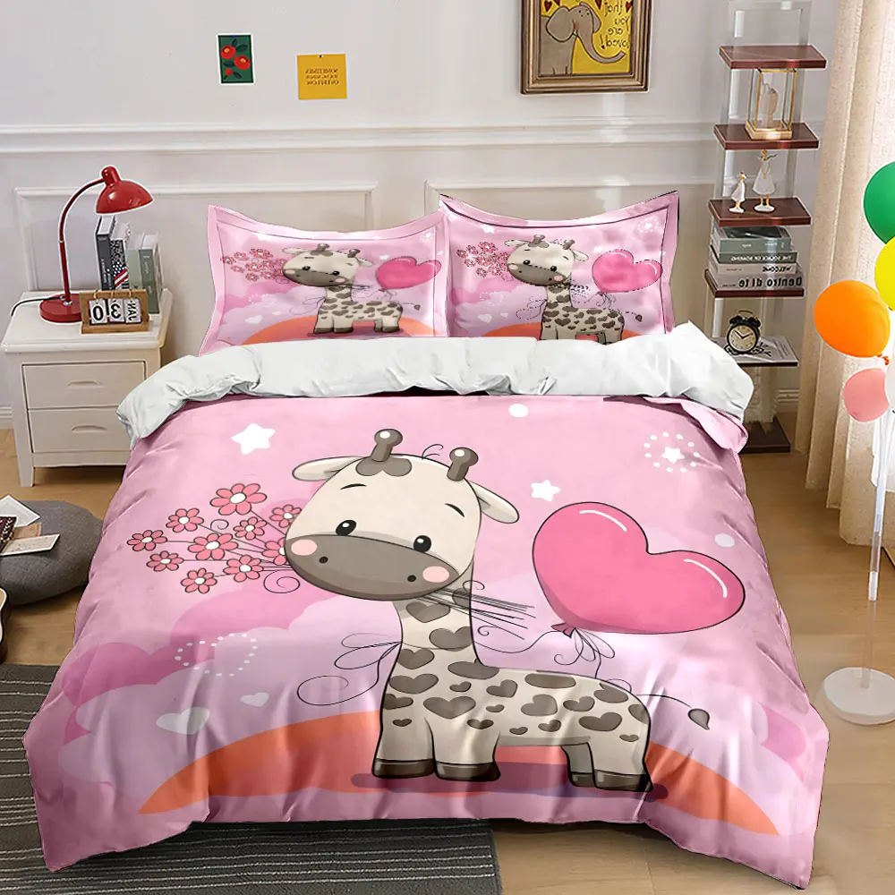 Cute giraffe with heart balloon Pattern Duvet Cover Set Digital Print Colorful Polyester Bedding with Zipper Closur for gifts