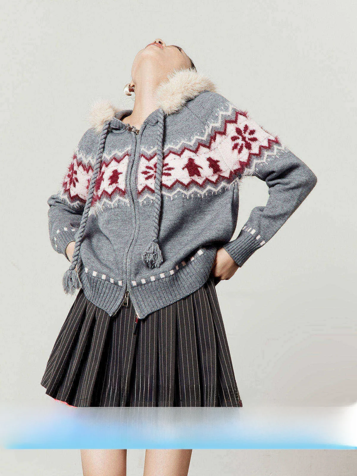 

ay Knitted Sweater with Fur Collar for Women Commute Friendly Loose Fit Long Sve Zipper Closure Warm Coat by Zhou Li Wu