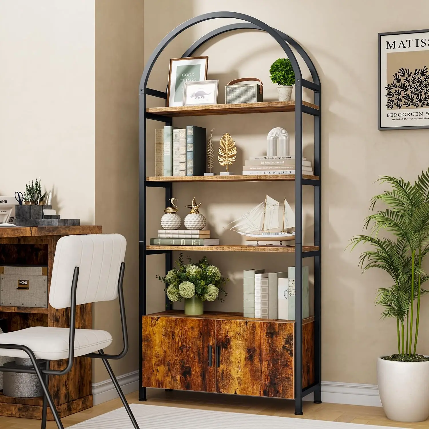 Arched Bookshelf 71 Inch Industrial 5 Tier Open Shelf Hidden Storage Wood & Metal Living Room Bedroom Office, Customized