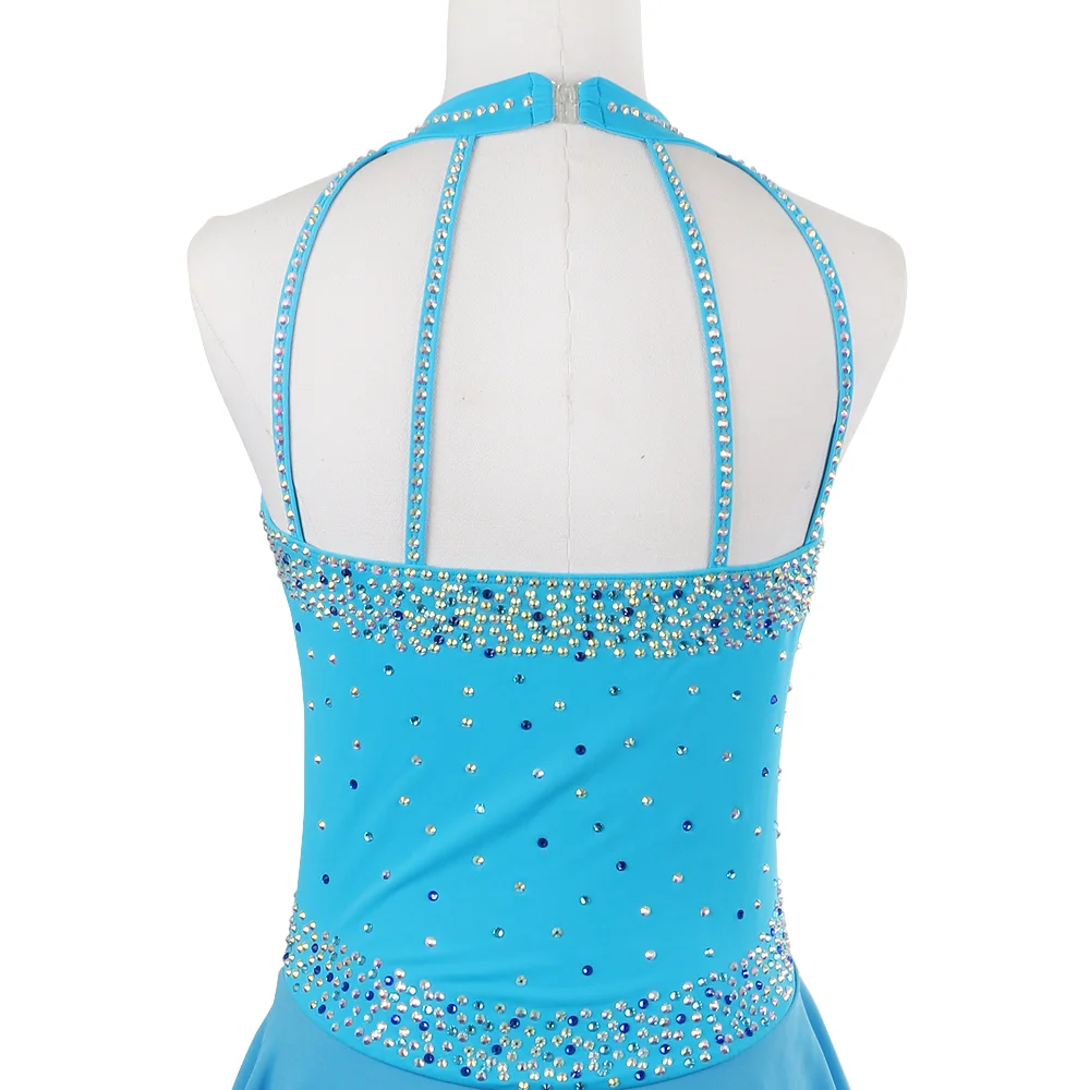 Custom Figure Skating Dress Sapphire For Women And Girls Ice Skating Clothes Sleeveless Condole Belt With Rhinestones