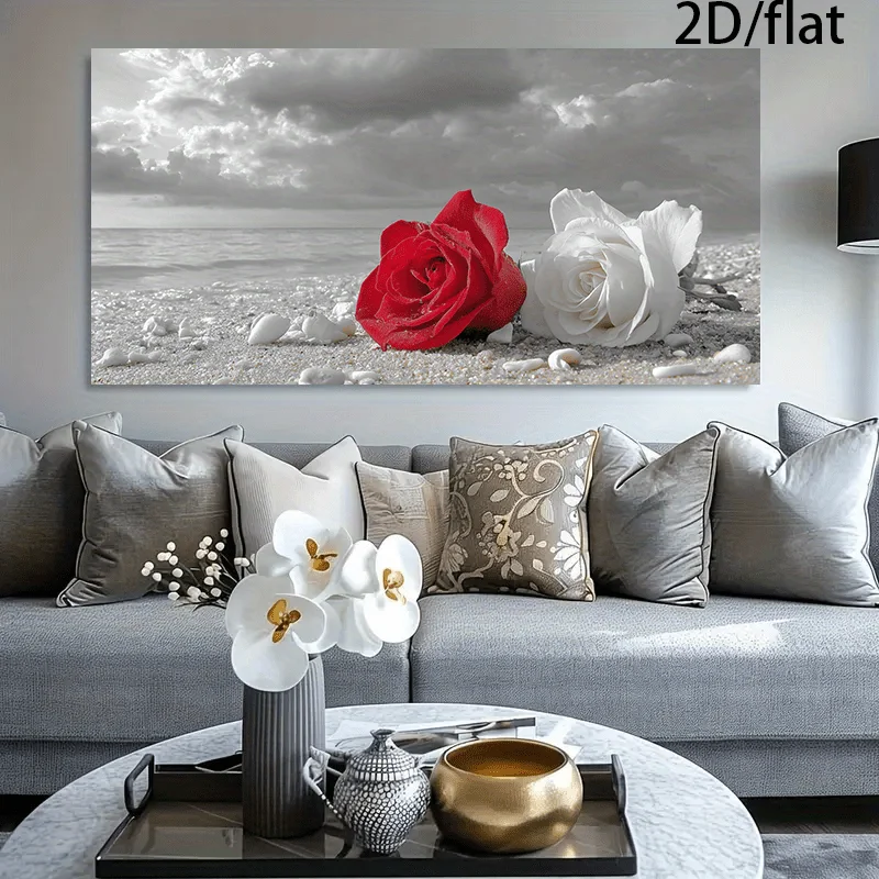 Impression sur toile sans cadre, représentant une rose rouge épanouie symbolisant la passion et une rose blanche symbolisant la pureté. Cette Arti