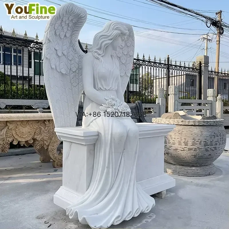 Wmwmnu Customized Size Natural White Marble Sitting Angel Headstone Tombstone for Grave Memorial