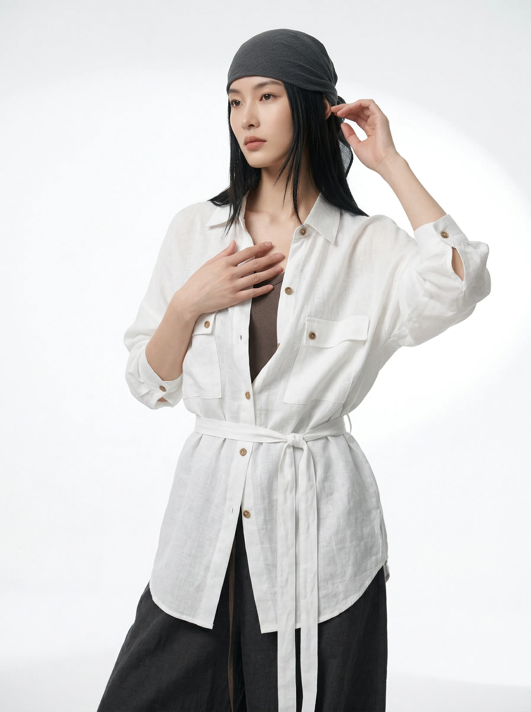 

Женская рубашка из фактурного хлопка и льна с завязками на талии, свободного кроя, в стиле «ленивый шик», с эффектом высокого качества, в стиле «тихая роскошь», осенняя коллекция