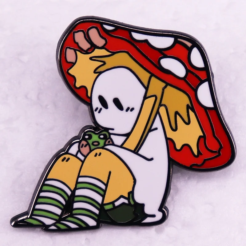 Red Mushroom Ghost Badge Cute Little Ghost and Frog  Hard Enamel Pin Brooch Jewelry Backpack Decorate