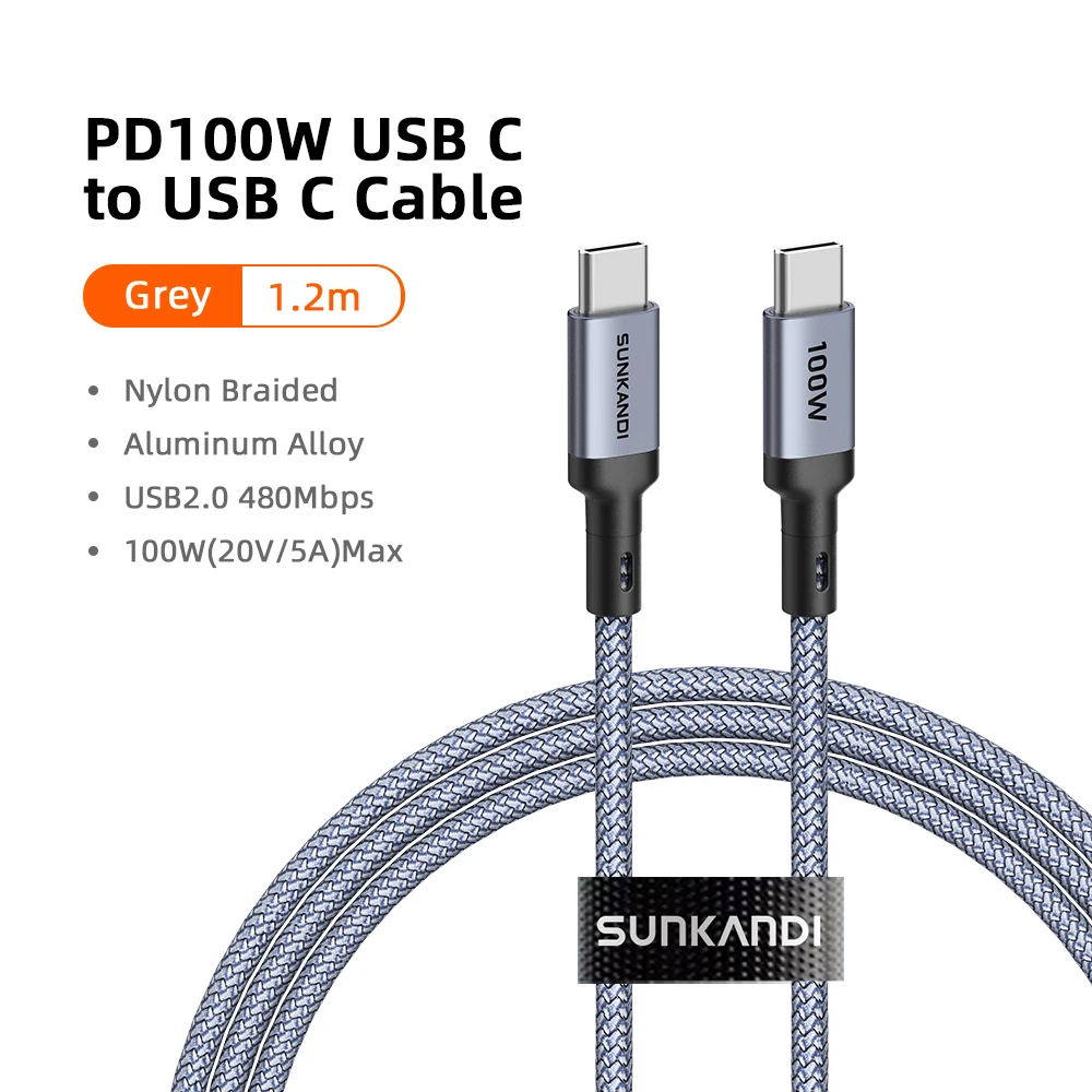 SUNKANDI USB-C naar USB-C-kabel, 100W/60W snellaadkabel met ingebouwde E-marker-chip, geschikt voor iPhone 17/16, MacBook, iPad en Galaxy S26.