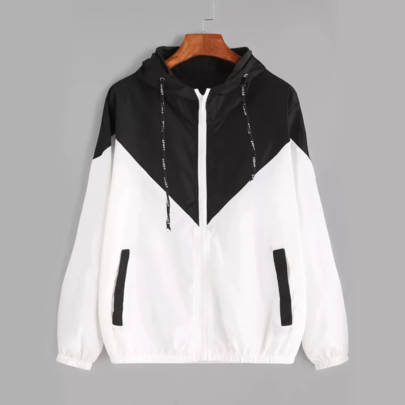 Fashion Hooded Windbreaker Jacket Women Elegant Color Block Patchwork Zipper Bomber Jacket Autumn Casual Coat Outerwear Raincoat