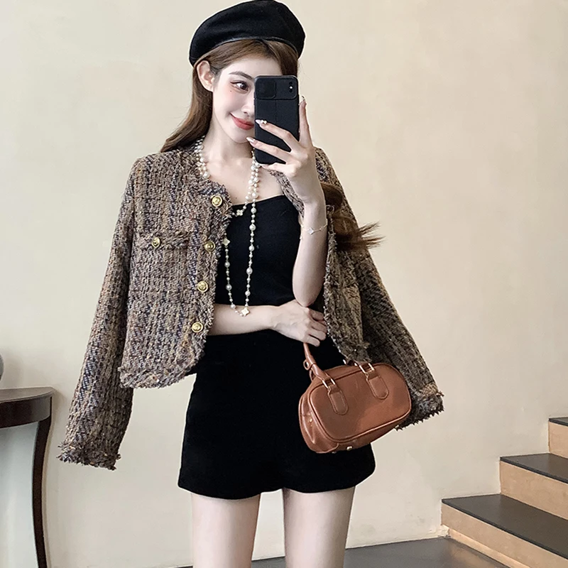 

Women's Jacket Coat 2024 New Autumn Small Fragrance Tweed Long Sleeve Vintage Casual Office OL Wool Blend Outerwear Female