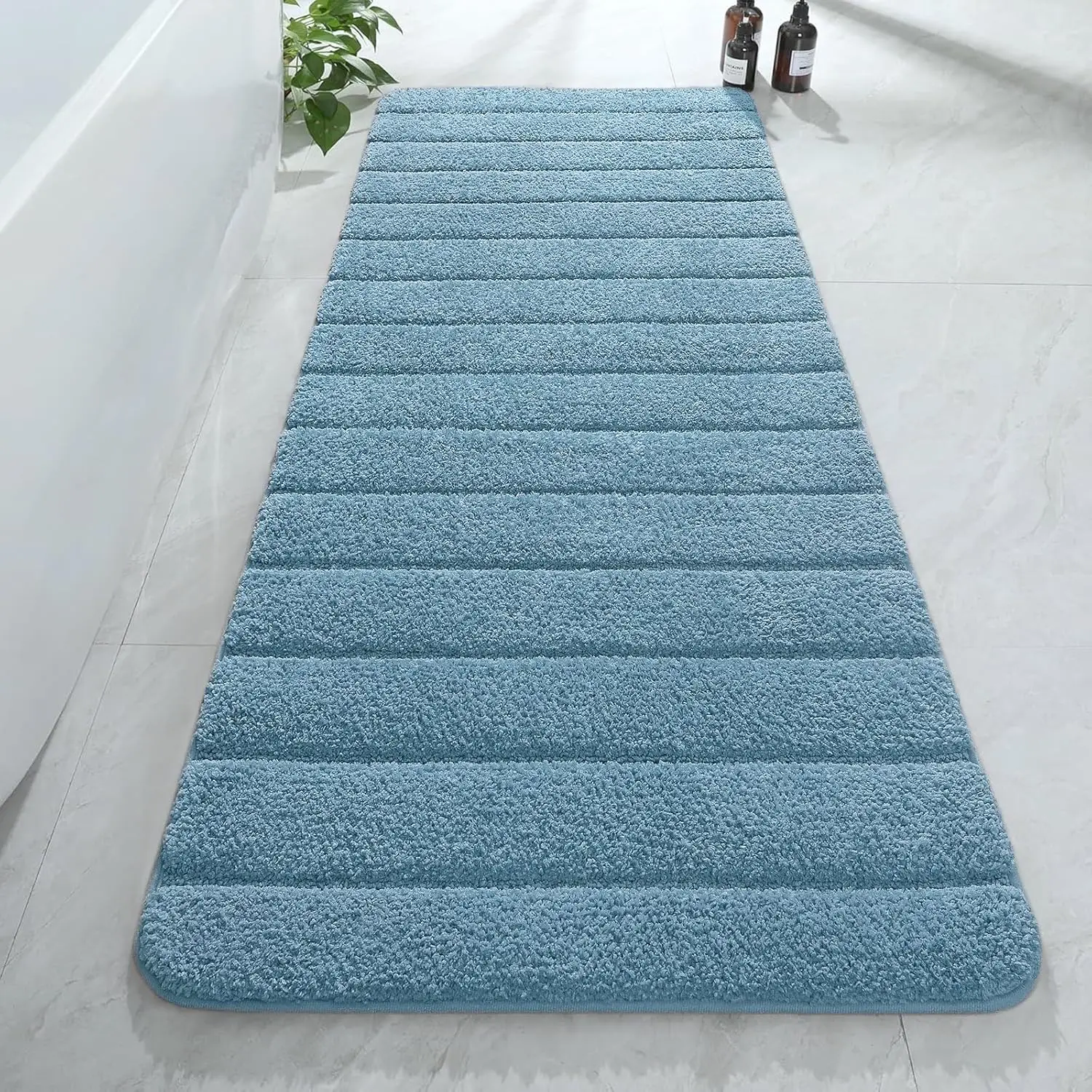 

Luxury Long Bathroom Runner Rugs, Thick Soft and Absorbent Microfiber Non Slip Bath Mat, Rubber Backing Striped Rug Car