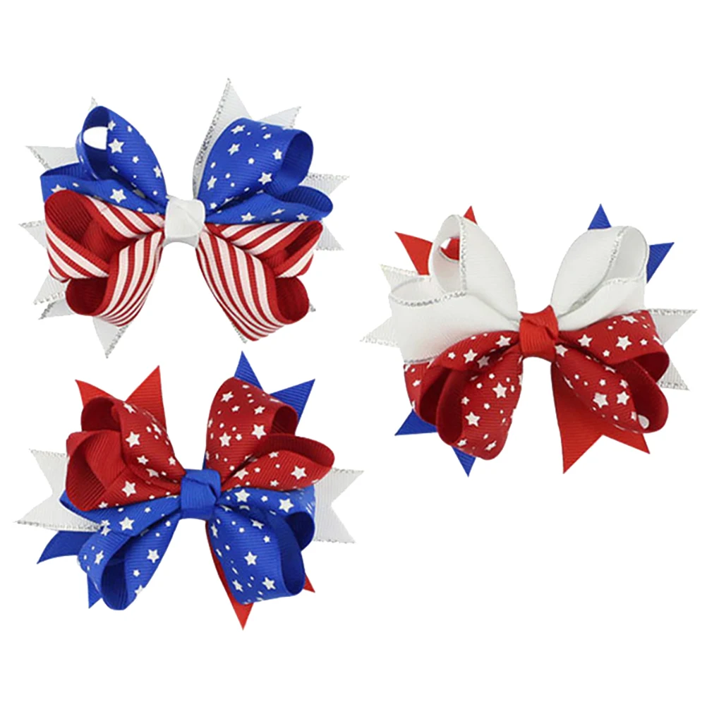

3 Pcs Bowknot Hair Clips Cute Premium Material Girls Hairpins National Day American Flag Easy Match Casual Look