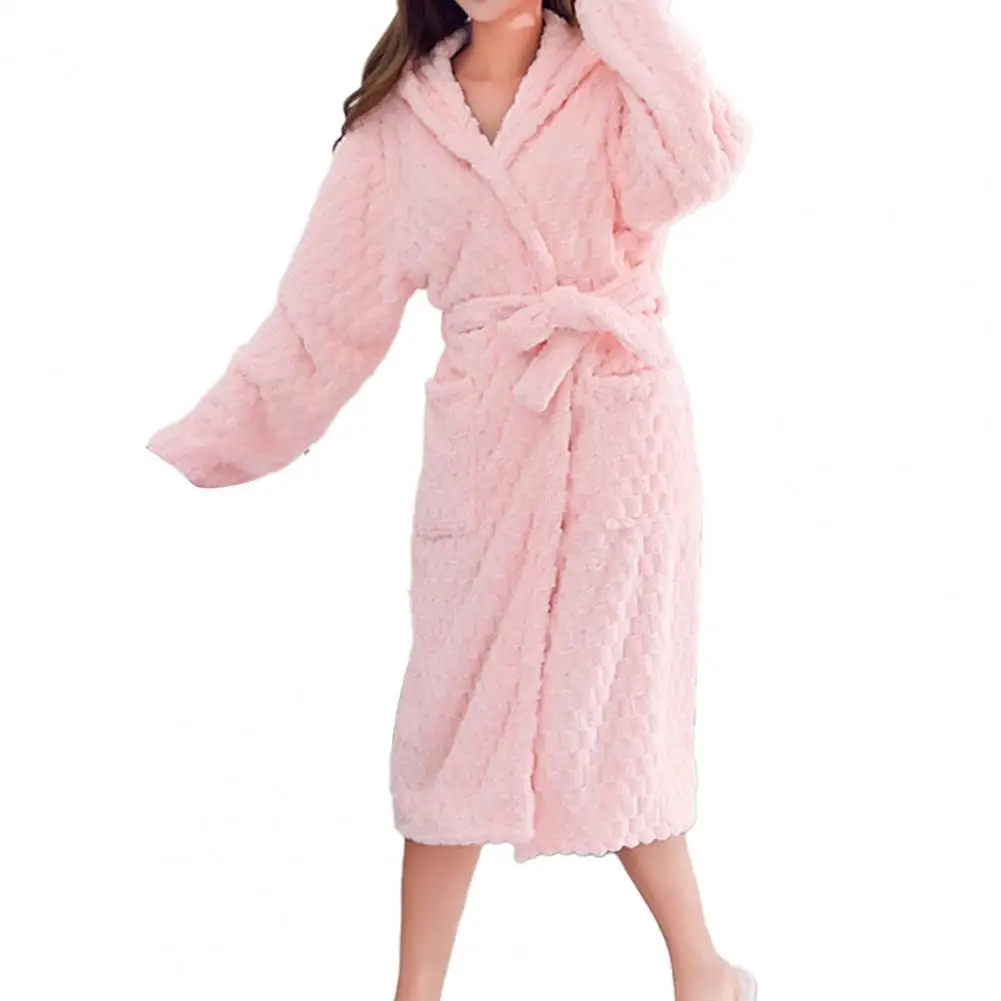 Women Winter Sleep Robe Thick Coral Fleece Water Absorbent Lace Up Cardigan Hooded Mid-aclf Length Couple Nightgown Bathrobe