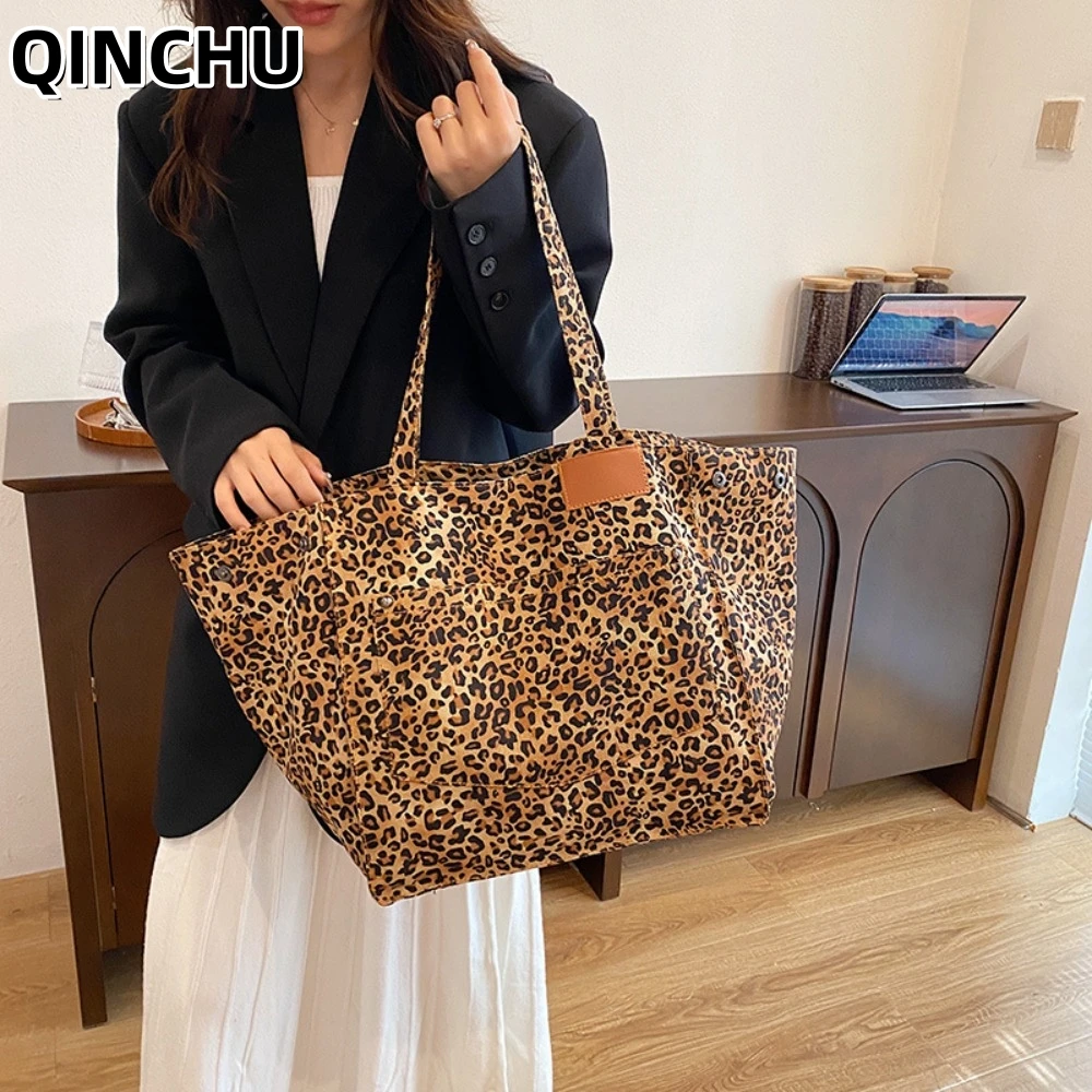 

QINCHU Women's Bag Homemade Leopard Print Canvas Shoulder Bag Casual Style Large Capacity Handbag Luxury Women Bags