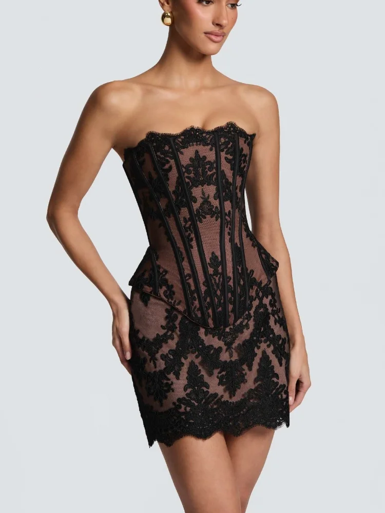Sexy Mesh Sheer Bodycon Dress - ชุดกระโปรงคอร์เซ็ตลูกไม้เกาะอกเซ็กซี่สำหรับผู้หญิง ชุดเดรสสั้นรัดรูปผ้าตาข่ายซีทรูปักลายดอกไม้สไตล์วินเทจ ชุด 2 ชิ้นสำหรับงานปาร์ตี้