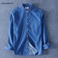 Schinteon-Camiseta vaquera de manga larga para hombre, 100% de algodón puro, cuello redondo, pantalones vaqueros ajustados ligeros elásticos, Top Simple de Color sólido