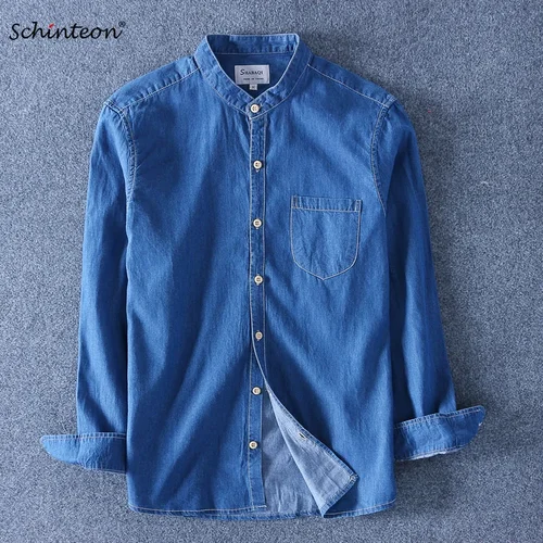 Imagen 1 del producto Schinteon-Camiseta vaquera de manga larga para hombre, 100% de algodón puro, cuello redondo, pantalones vaqueros ajustados ligeros elásticos, Top Simple de Color sólido