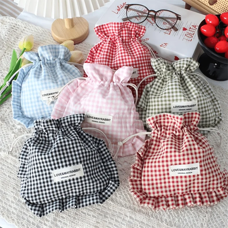 Korean Ruffle Edge Drawstring Storage Bag Portable Handheld Women Purse Plaid Pouch Earphone Cable Sanitary Pads Small Outdoor