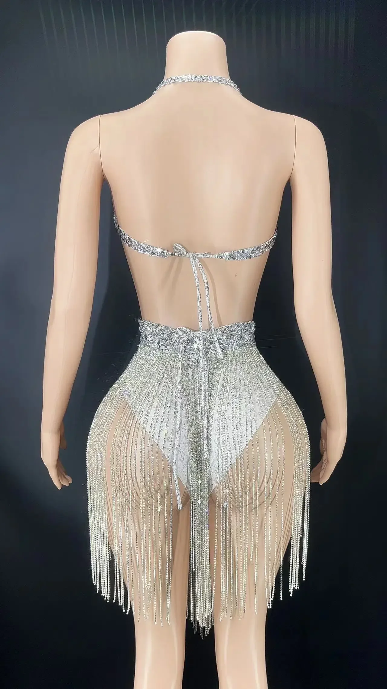 Evening Prom Celebriate Birthday Outfit Dance Costume Women Sexy Luxurious Crystals Rhinestones Chains Backless Leotard Skirt