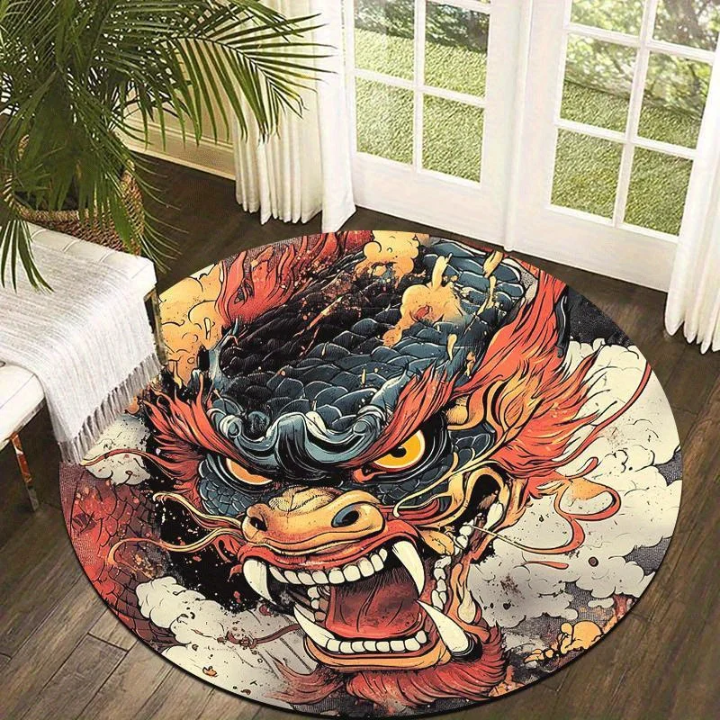 Eastern mythological creatures Flannel-printed round floor mats are slip-resistant Suitable living room terrace garden carpets