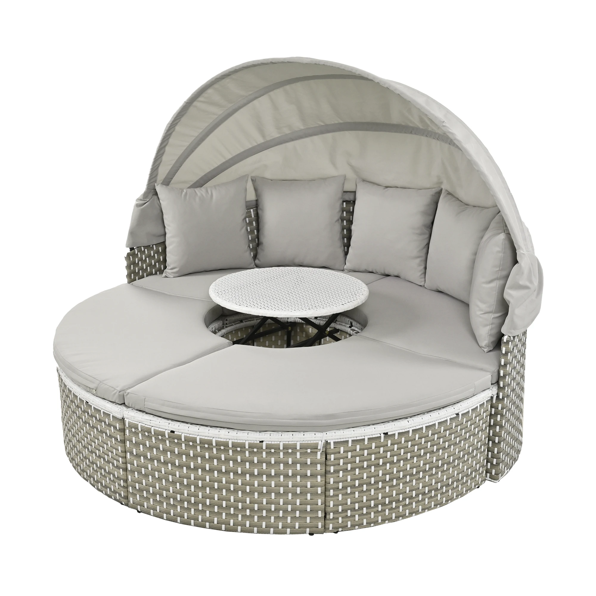 

Patio Furniture Round Outdoor Sectional Sofa Set Rattan Daybed Two-Tone Weave Sunbed with Retractable Canopy, Separate Seating a