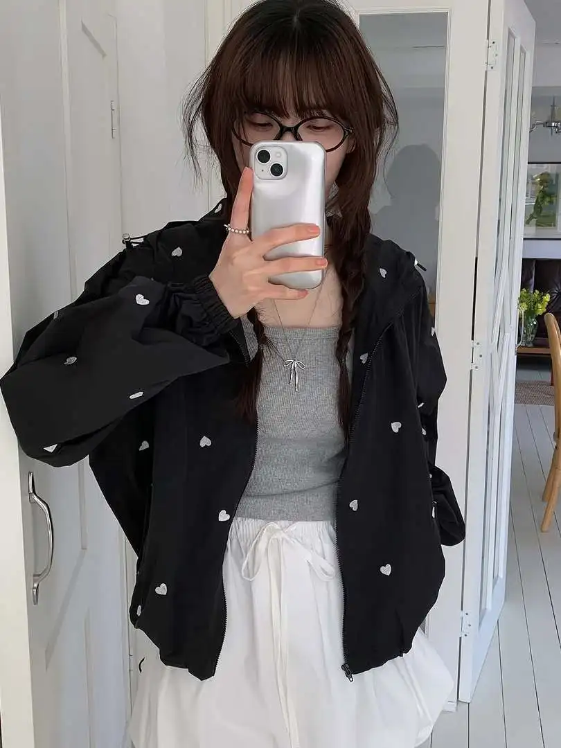 

Женская куртка в стиле ретро с вышивкой в виде сердца, тонкая, с длинными рукавами, свободного кроя, с защитой от УФ-излучения, милая, молодежная, универсальная