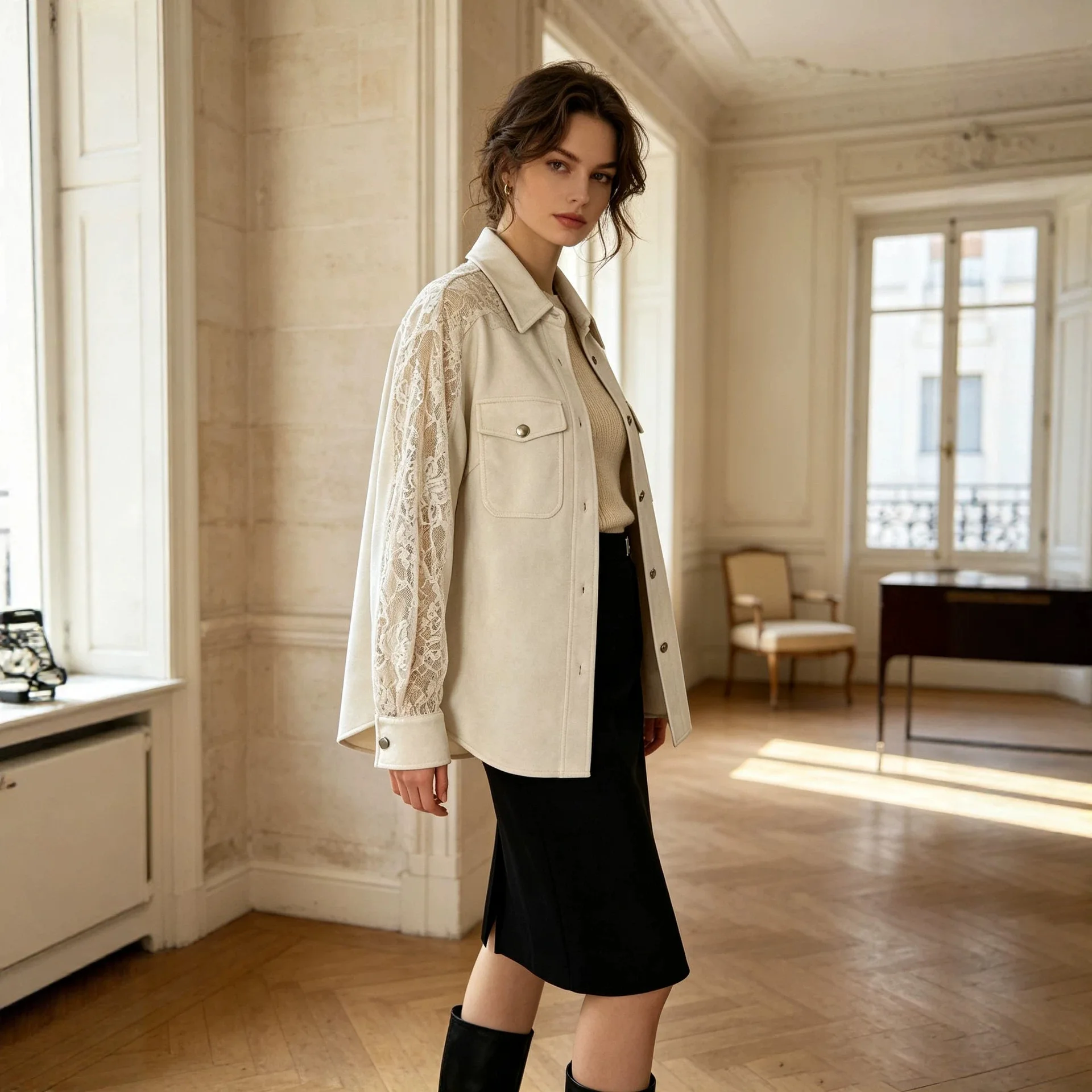 New Autumn. And Winter French Elegant Style Women's Coat With Lace Three And Metal Buckle Decoration In Off-white Suede Texture