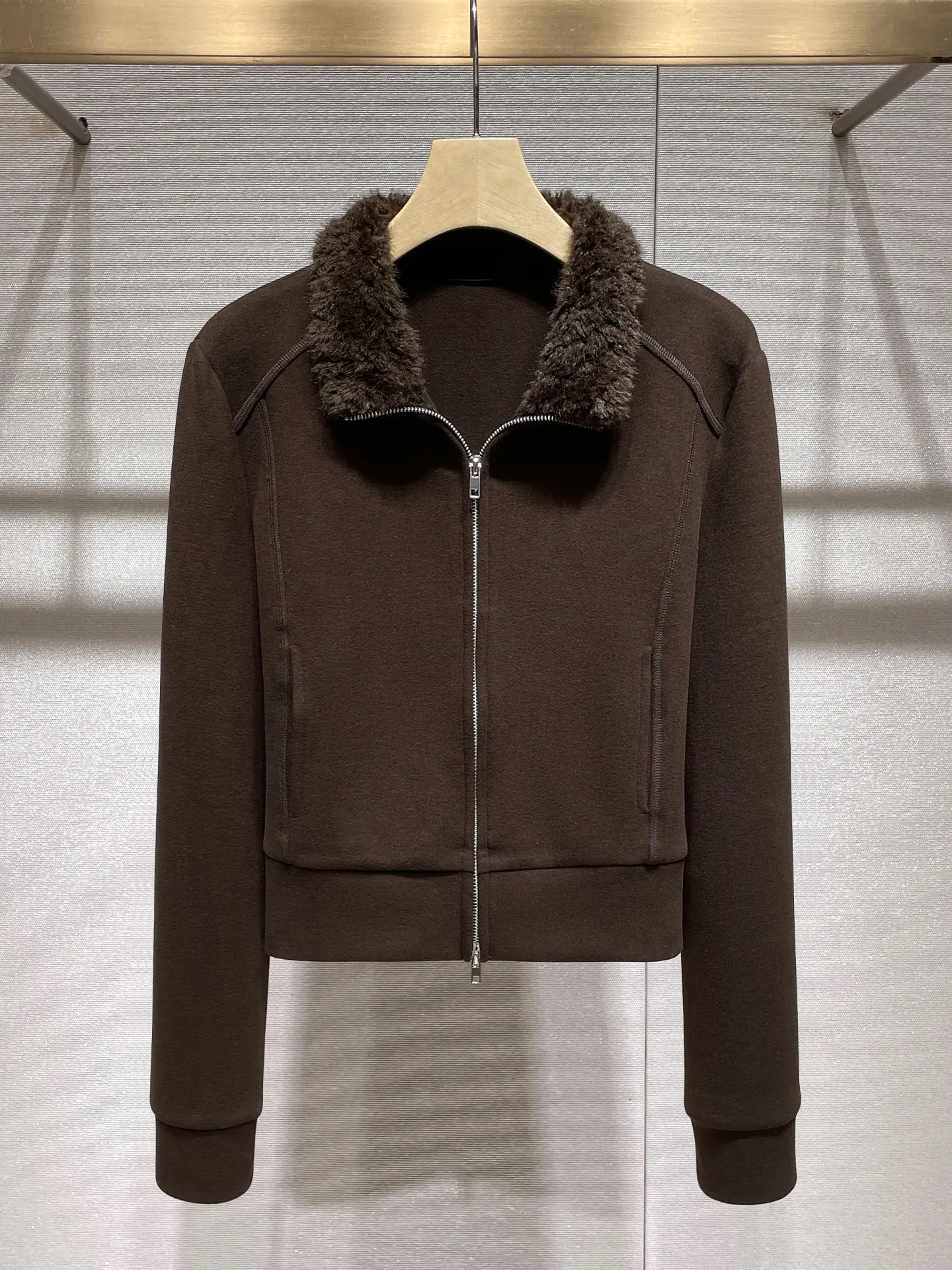 Plush stand-up neck sweater jacket 26 autumn Maillard zipper premium slim-fit top