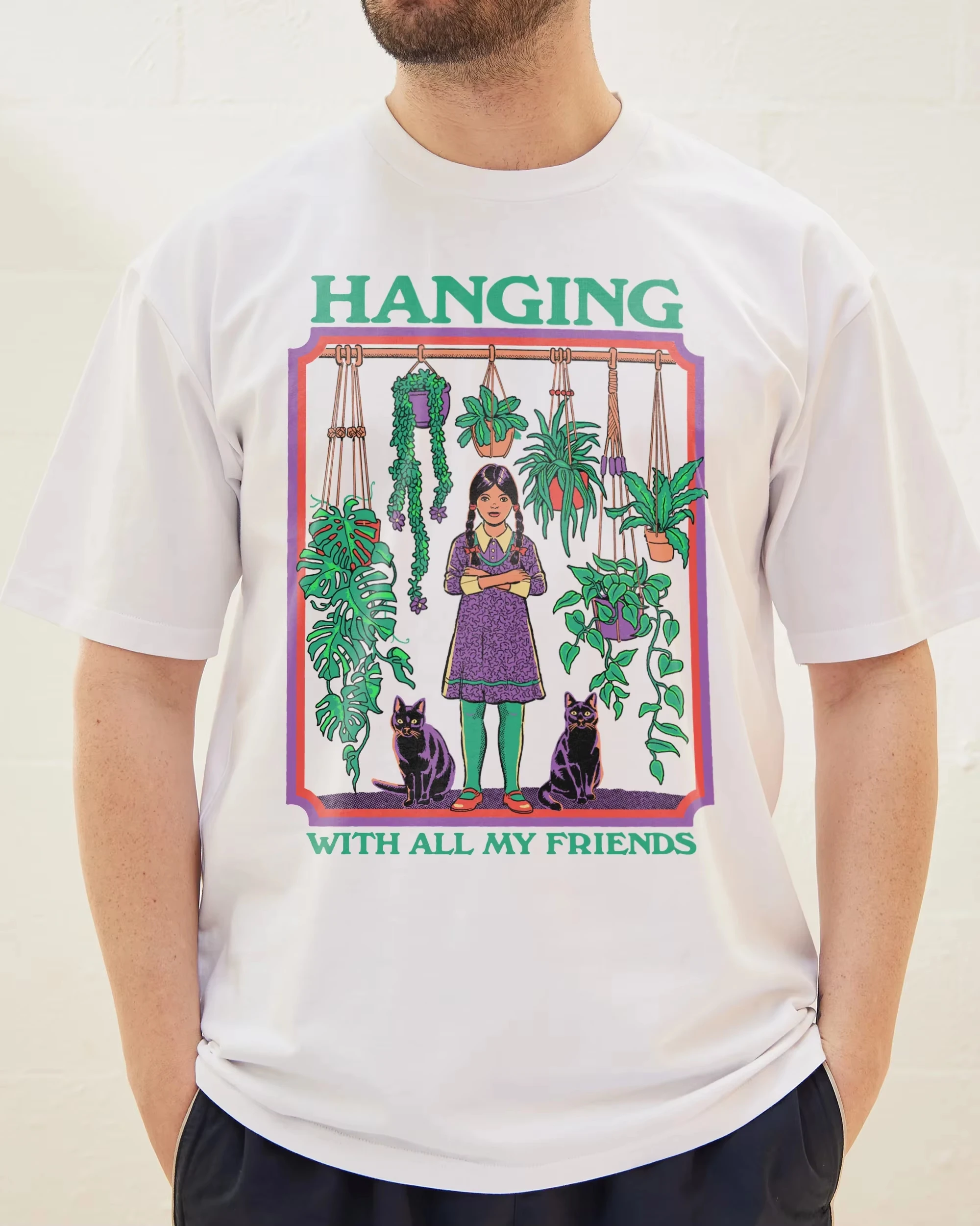 

Cozy - Themed Hanging with Friends Cotton T Shirt Nature Cat Plant Graphic for Trendy Casual Style Halloween Tee All Saints' Day