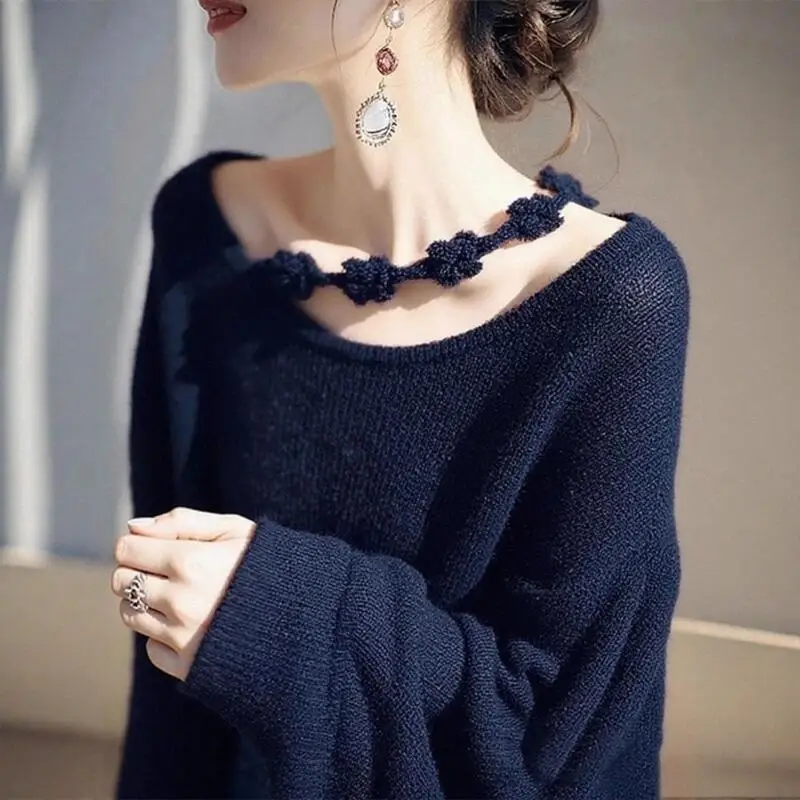Autumnwinter Newwomen Clothing Western Style Collar Purpleknitted Sweater Lazy Style Korean Design Sense Fashion Longsleevedtops