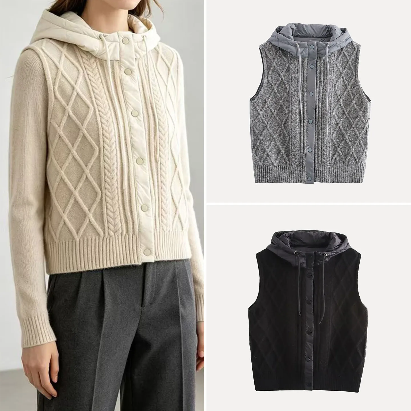 Fashionable Retro Multi-Color Braided Hooded Splice Open Cardigan Vest Women's Autumn Wear ZADATA Brand Outerwear Single Button