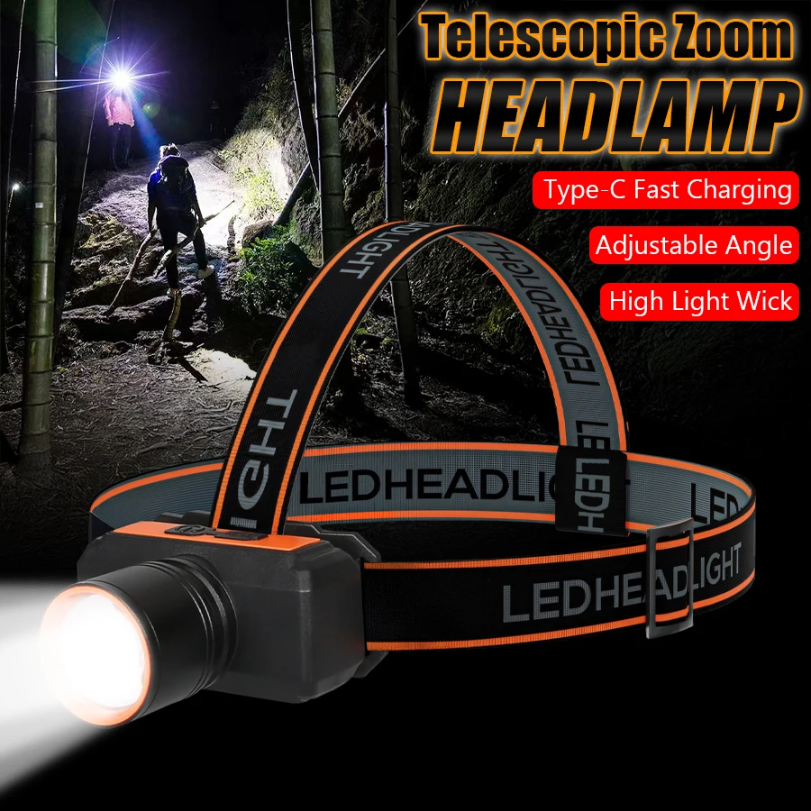 Mini Portable High Power Headlights USB Rechargeable Head Lamp with 4 Lighting Modes Outdoor Camping Fishing Zoomable Lantern