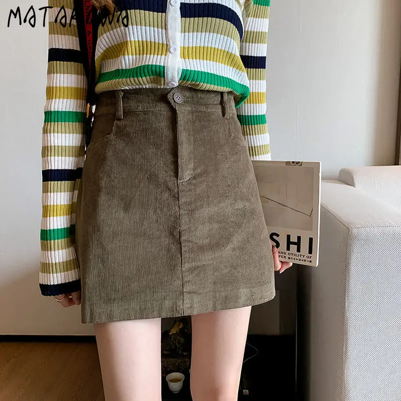 

Matakawa A-line Corduroy Mini Skirts Solid Autumn Winter High Waist Vintage Women Skirt Korean Fashion Basics Jupe Femme