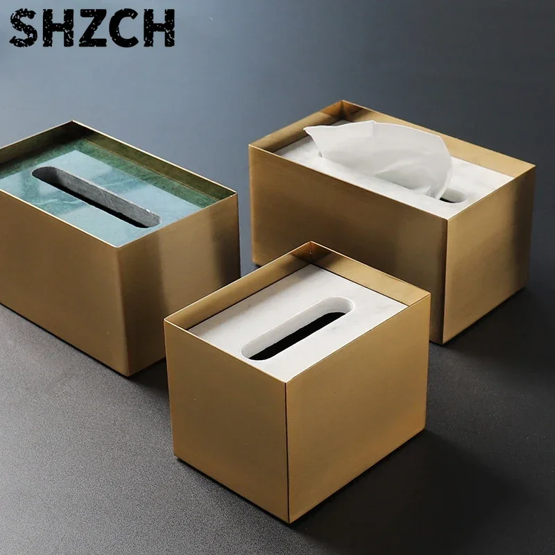 Brass Marble Metal Tissue Box For Hotel Coffee Shop Homestay Decoration Container Accessories Simple Paper Storage Box ZH267