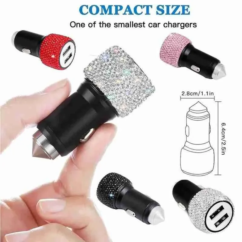 Bling Dual USB Car Charger  Port Fast Adapter Charging Car Charger Safety Hammer Design To Help Break Windows In Emergencies