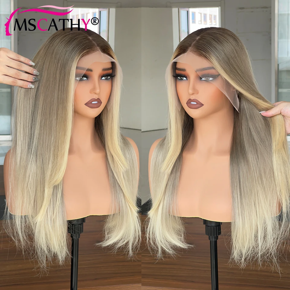 

Glueless Ashy Blonde Virgin Human Hair Wigs Beige Ombre Hightlight Layered Style Lace Frontal Wig Balayage Transparent Lace Wigs