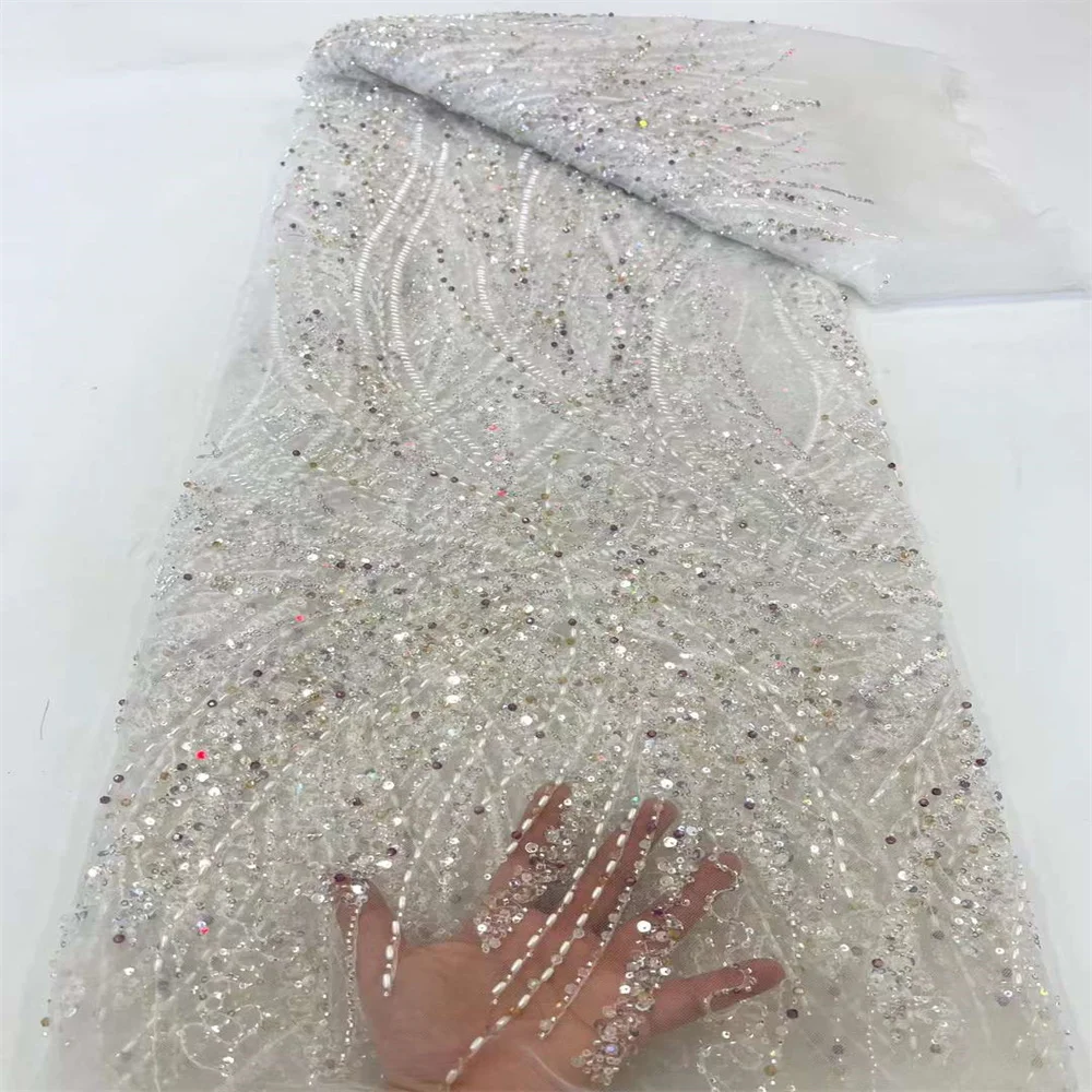 5 Yards Tulle Net tessuto di pizzo africano pizzo di perline tessuti di paillettes nigeriani dorati di alta qualità per abiti da sera da sposa 3 xc3501