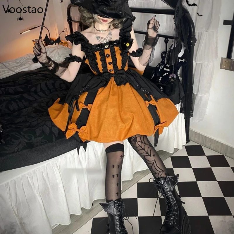 Japanese Gothic Lolita Jsk Dress Women Vintage Victorian Little Witch Halloween Cosplay Party Dresses Girls Sweet Y2k Punk Dress