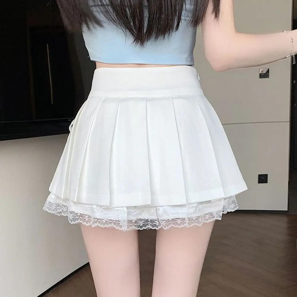 Lace Paneling Pleated A-Line Skirt Side Slit Built-in Shorts High Waist Skirt Plaid Mesh Stitching Polyester Lining Mini Skirt