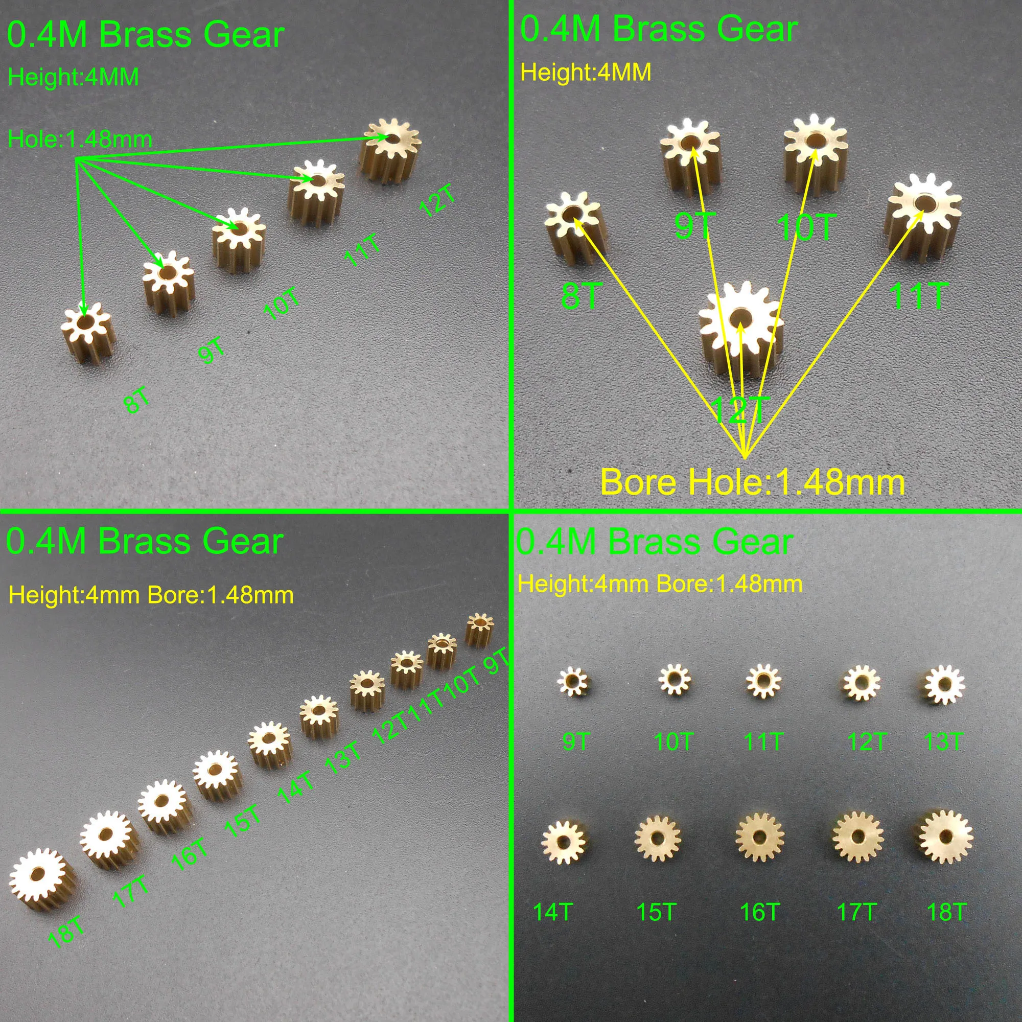 10Pcs/Lot 0.4M Brass Gear Spur Pinion Mechanical Bore Hole Aperture 2mm 1.98mm 1.48mm 1.5mm 8/9/10/11/12/13/14/15/16/17/18 Teeth
