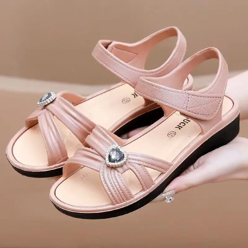 

Women's Summer New Open Toe Flat Sole Sandals Soft Sole Non Slip Lightweight Velcro Outdoor Beach Sandals Elderly Sandals