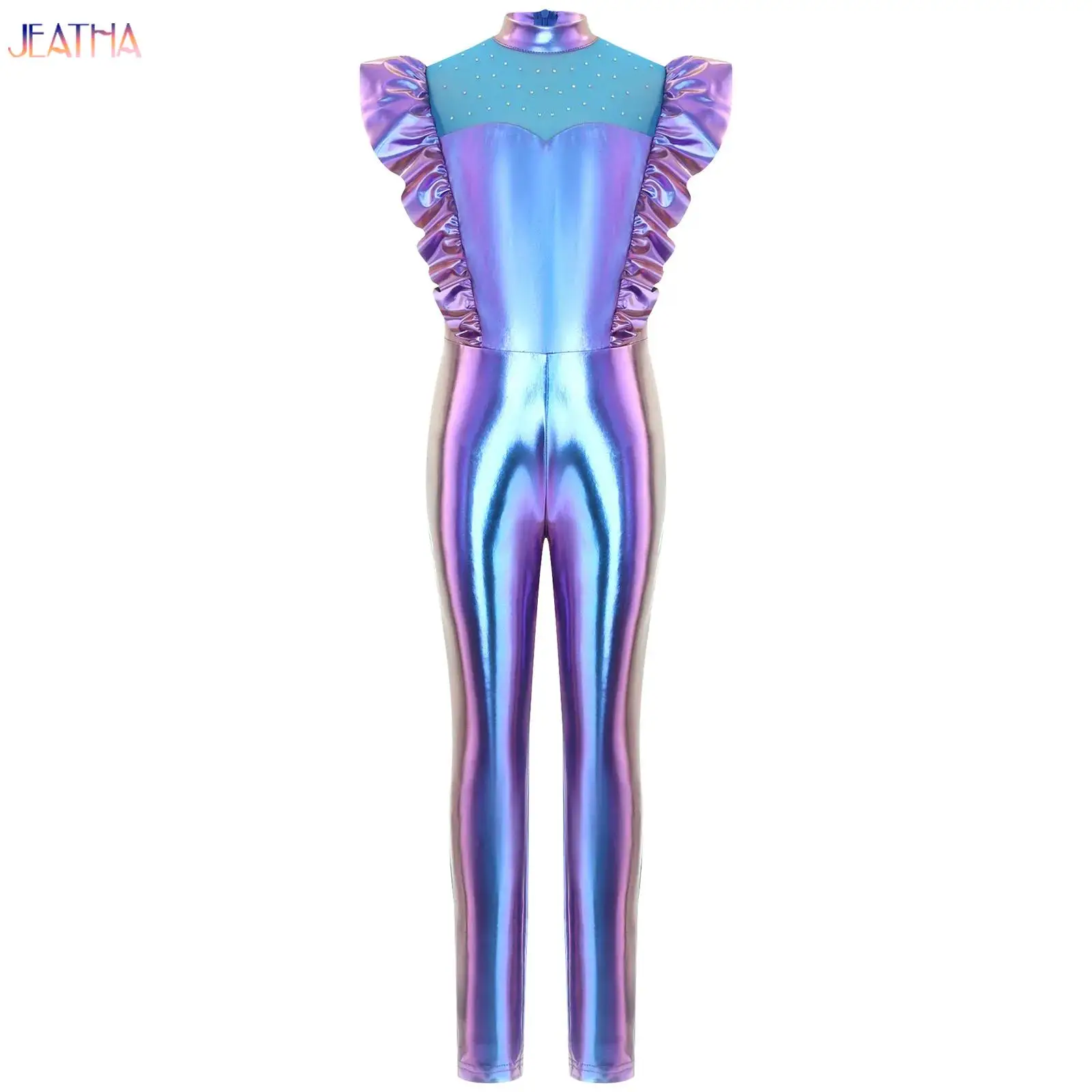 

Teens Shiny Alien Outerspace Halloween Cosplay Costume Girls Ruffle Fly Sleeve Jumpsuit for Robot Space Alien Future World Party