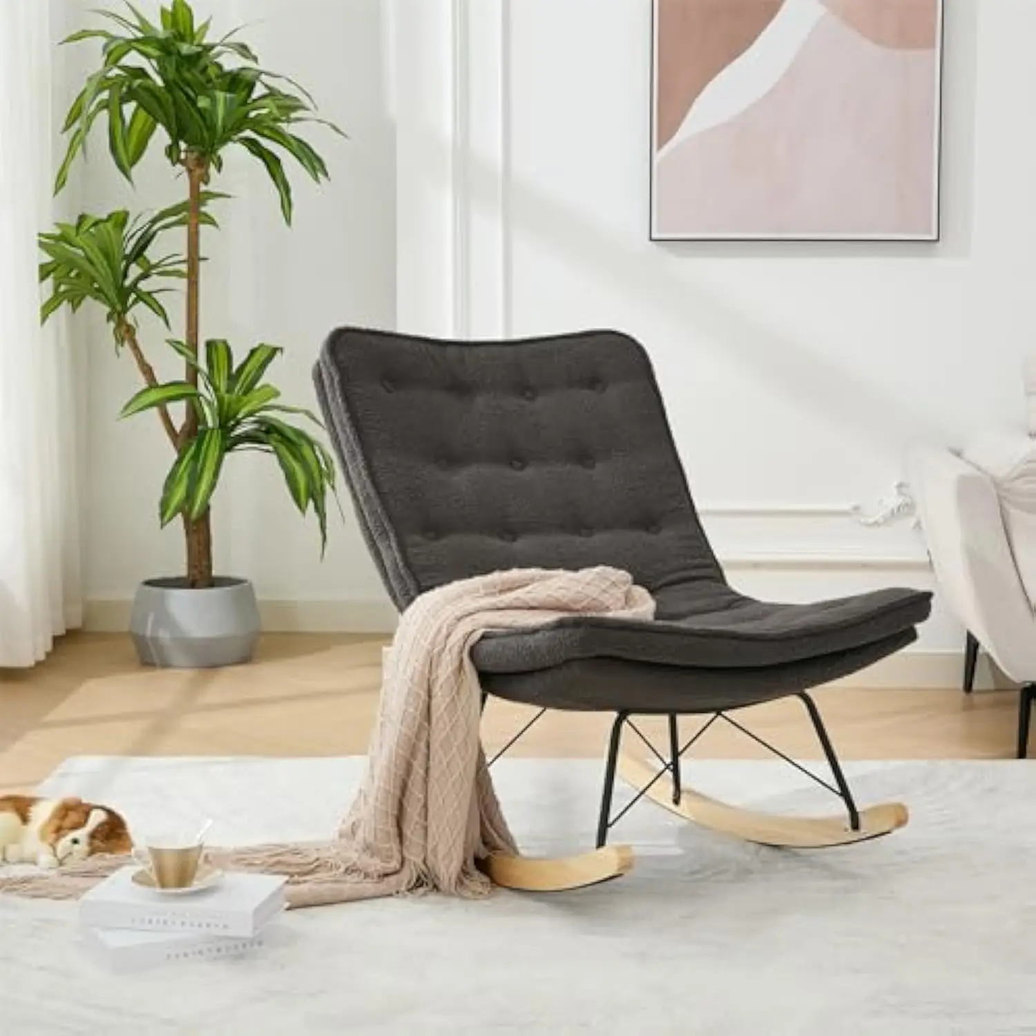 

Lazy Rocking Chair,舒适的 Lounge Chair with Wide Backrest and Seat Wood Base, Upholstered Armless Rocker Chair for Living