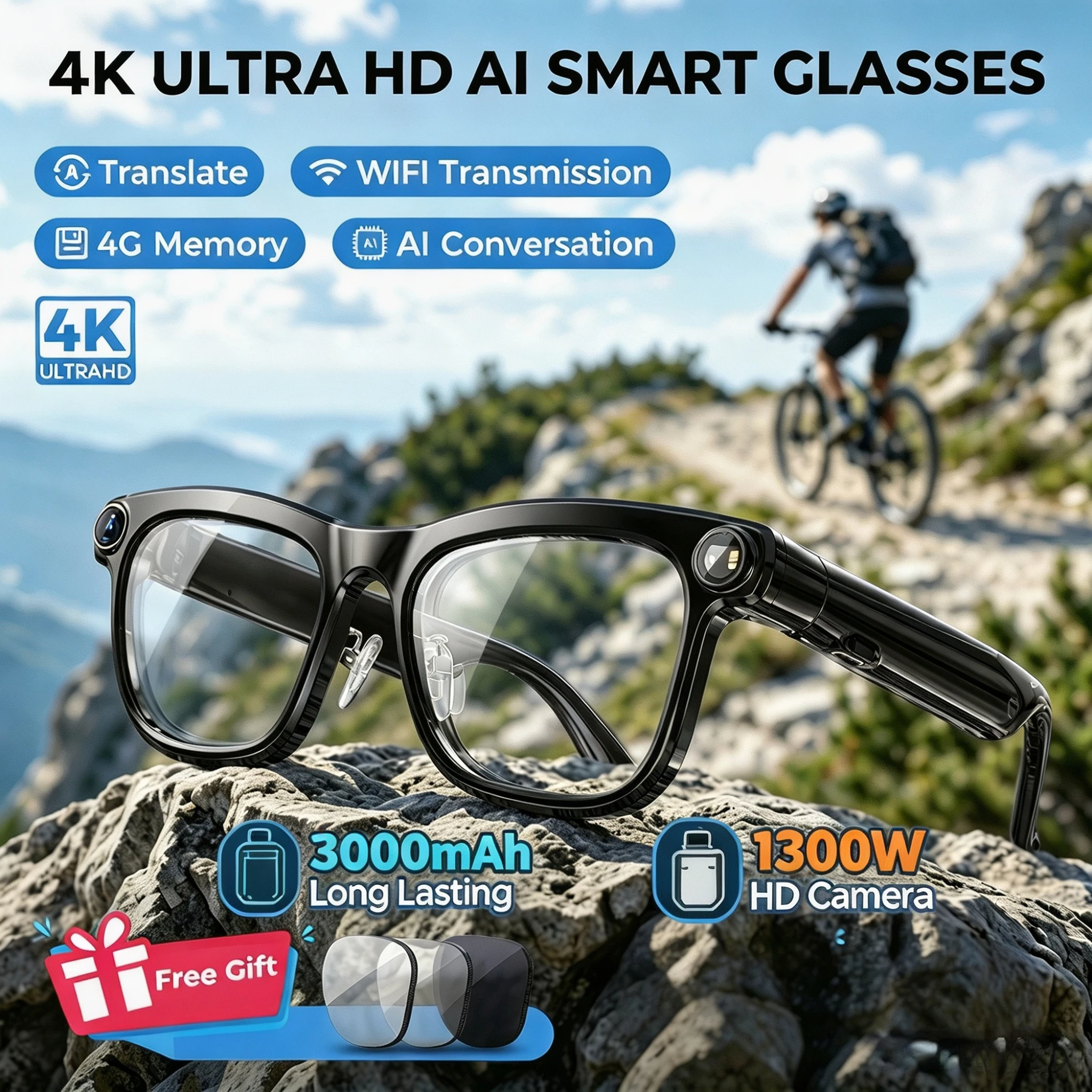 KI-Smart-Brille mit ChatGPT-KI-Assistent, 13MP-Kamera, Echtzeit-Übersetzung, Bluetooth 5.4, Tragbare Brille