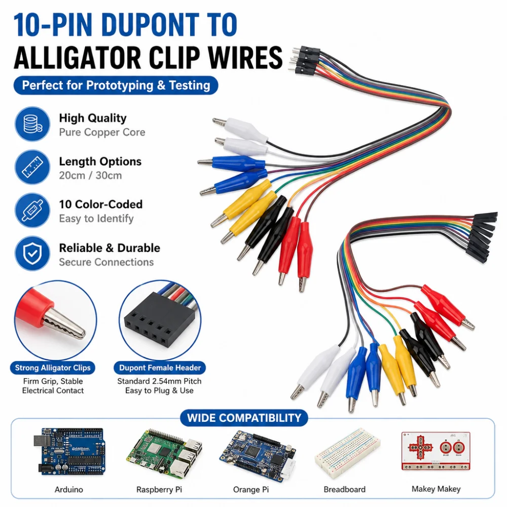 10-Pin DuPont Female/Male to Alligator Clip Cable, Experimental and Test Lead, Suitable for Arduino, Raspberry Pi and Orange Pi