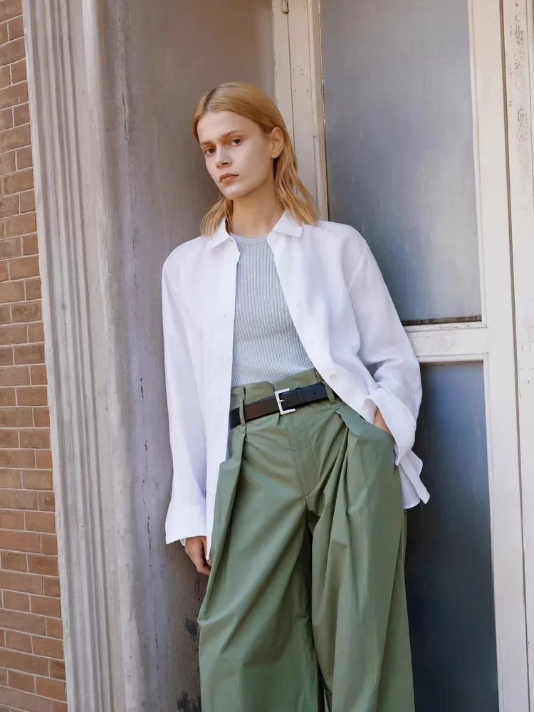 

Женская льняная рубашка Edition: Новинка лета, легкая, свободная, повседневная, с длинным рукавом, остроконечным воротником, средней длины, для прохладного сезона