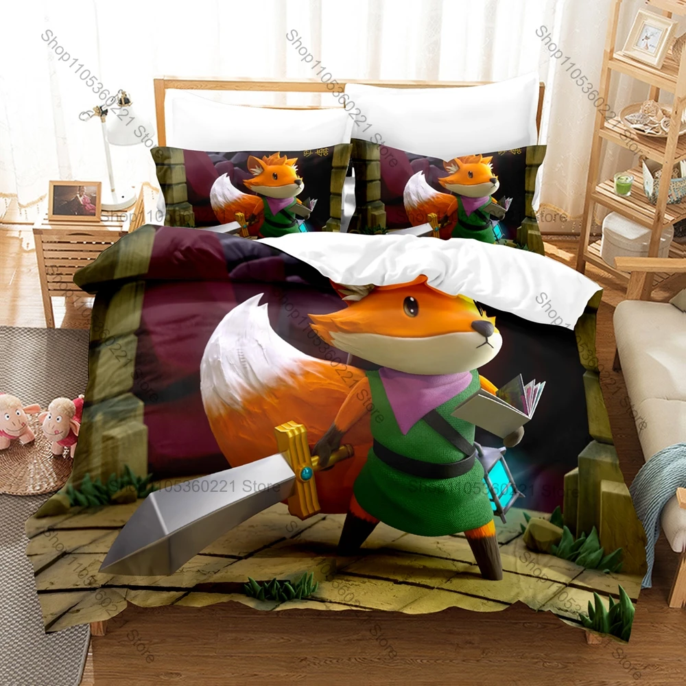 Cool Tunic Game Bedding Set 3Pcs Isometric Fantasy Adventure Game Pattern Comfort Bed Linen For Indie Game Fans All Season