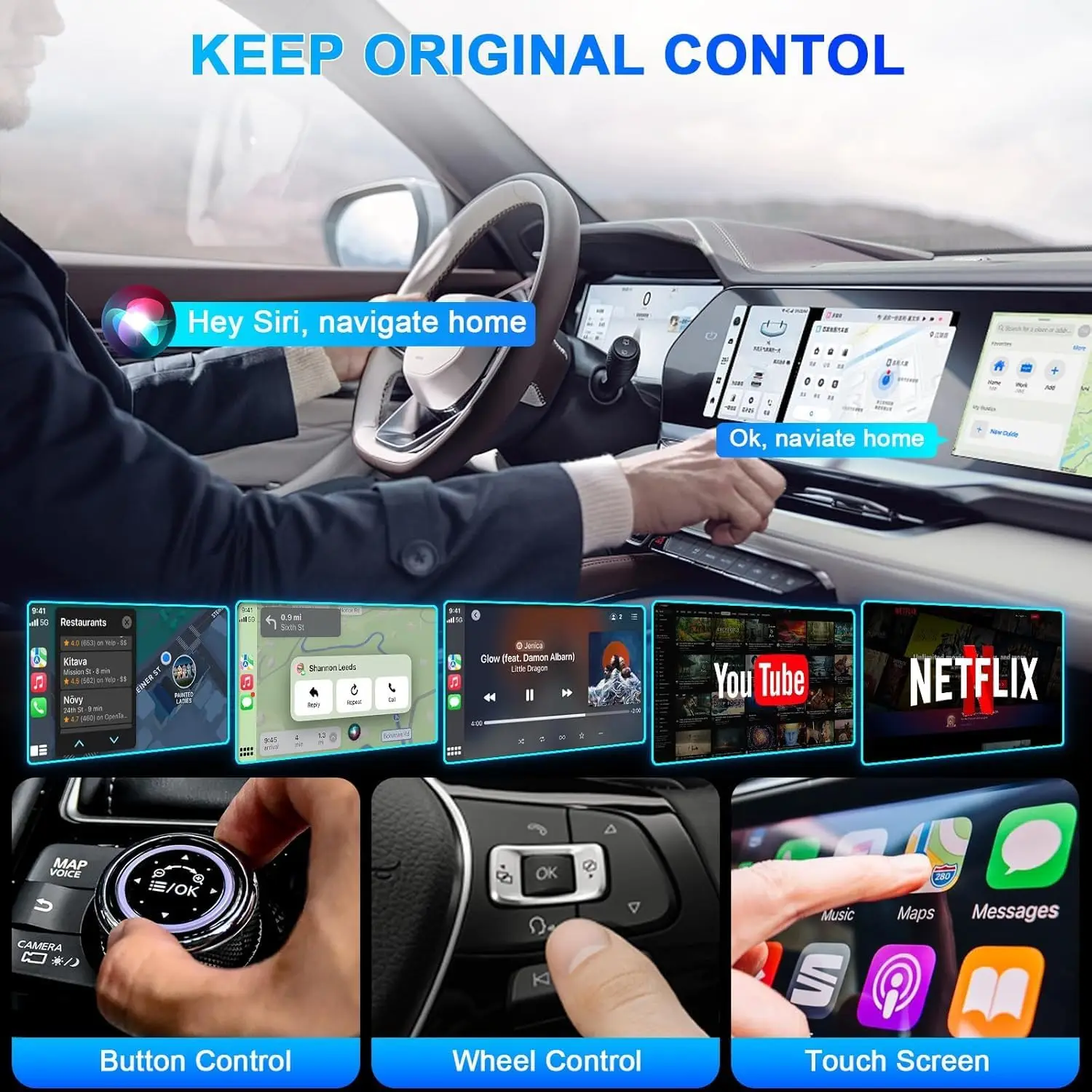 Wireless CarPlay/Android Auto Video Adapter, Supports Watching YouTube/Netflix/TikTok Videos Without Delay, Plug and Play